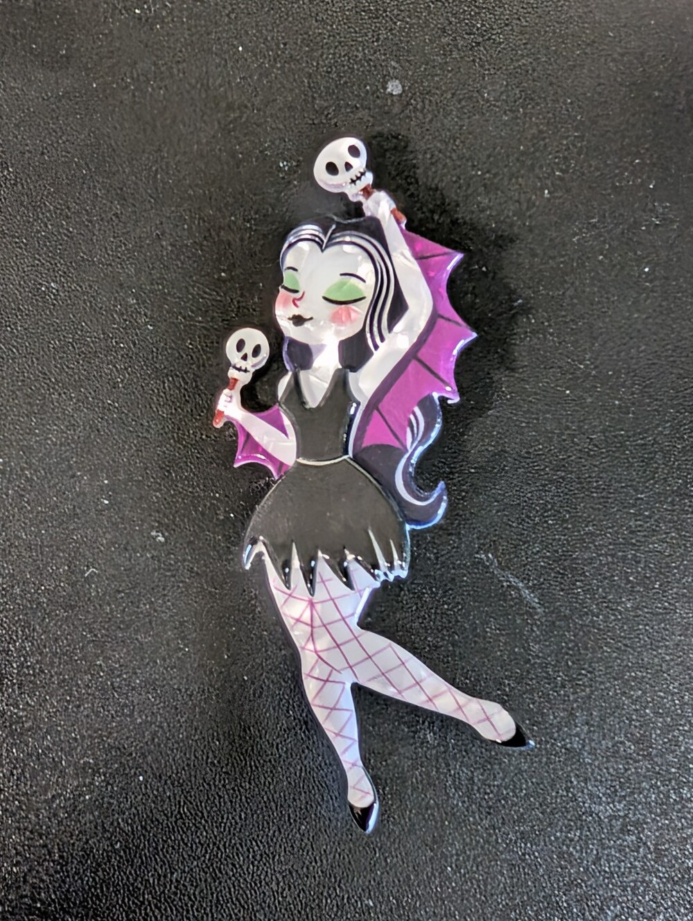 Gothic Vampire Girl Acrylic Brooch Skull Bat Wings Statement Pin